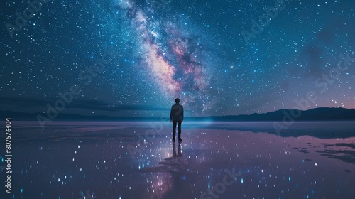 A person is standing in the middle of a vast body of water