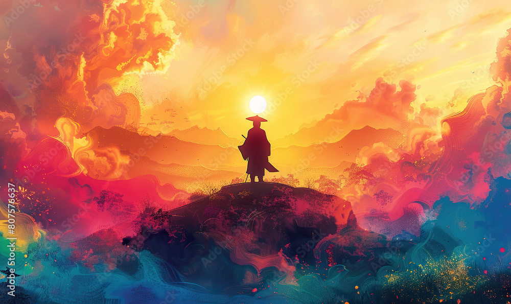 A mystical samurai warrior enveloped in swirling colors and dynamic brush strokes. generate AI