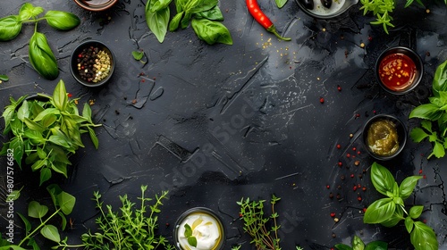 Set of dressings for salad: sauce vinaigrette, mustard, mayonnaise or ranch, balsamic or soy, basil with yogurt. Dark stone table. On background of greenery, vegetables for salad. Copy space