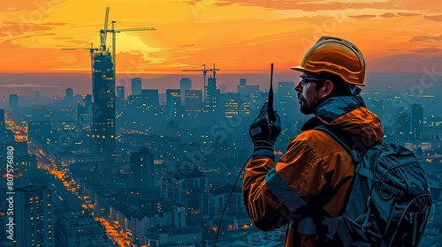 Engineer holding a walkie-talkie in front of a construction site photo