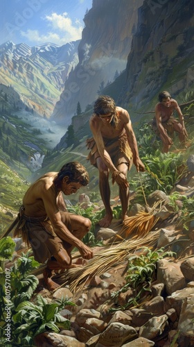 Early Homo sapiens discovering agriculture, realistically portrayed as they till the land and plant seeds in a fertile valley setting