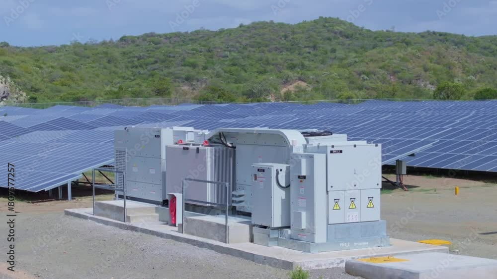 Aerial orbit around generator at large solar park renewable energy production Aerial orbit around generator at large solar park renewable energy production