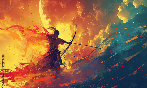 A stylized archer poised with bow and arrow amid a vivid orange backdrop. Generate AI