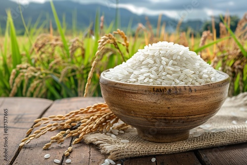 A bowl of white rice on a wooden surface with a rice field backdrop with a big space for text or product advertisement, Generative AI. photo