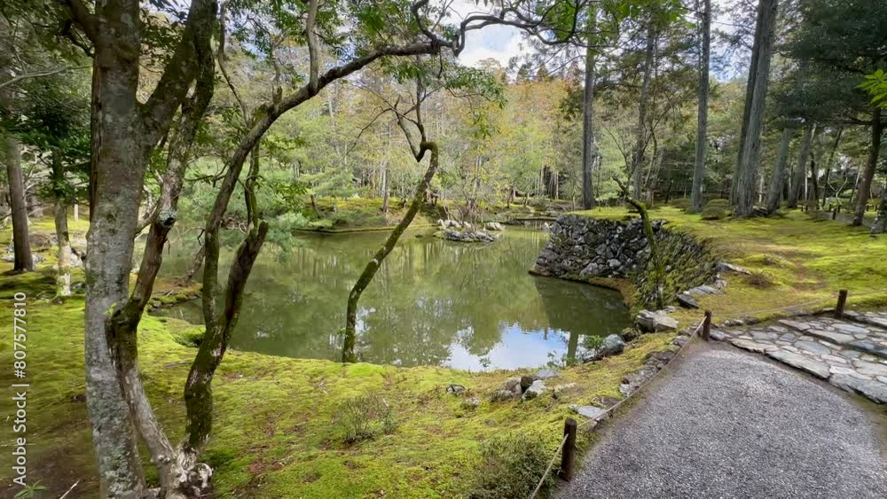 Kokedera, Moss Temple Garden With Mirror Reflections On A Lake In Kyoto, Japan. Wide Shot Kokedera, Moss Temple Garden With Mirror Reflections On A Lake In Kyoto, Japan. Wide Shot
