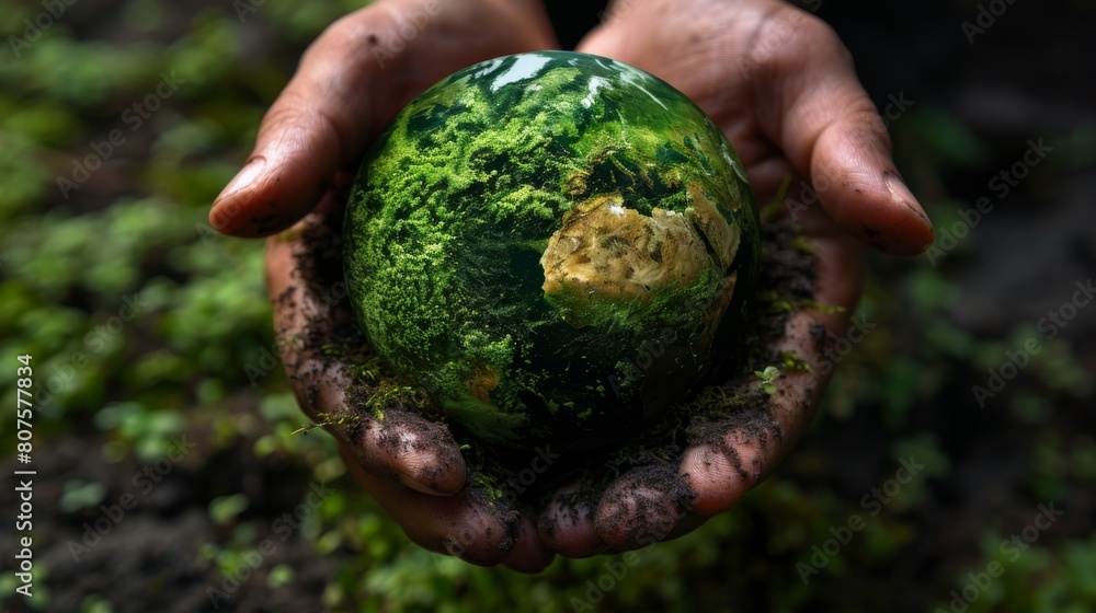 a person holding a globe with a green surface, signifying their awareness of environmental challenges worldwide. a person holding a globe with a green surface, signifying their awareness of environmental challenges worldwide.