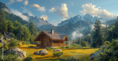 Cozy cabin, wooden cabin surrounded by mountains. Generative AI.