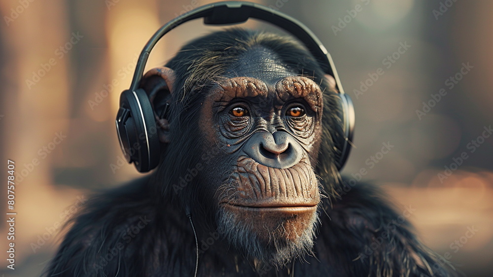 chimpanzee with headphone, AI generated chimpanzee with headphone, AI generated