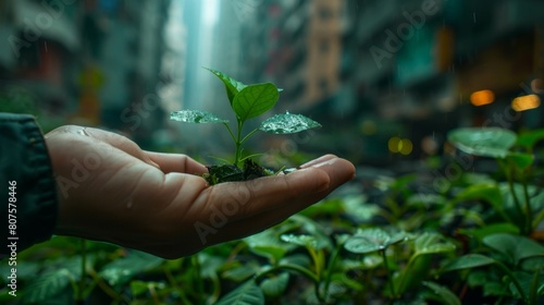 Green Living in the City, hand cradling a small plant against the backdrop of bustling city. The image should inspire viewers to embrace green initiatives and connect with nature even in environments photo
