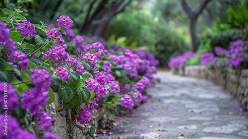 With a wide range of purple petals, trailing lantana amazes park pavement, developing a lovely vision of untouched splendor and space, Generative AI. photo