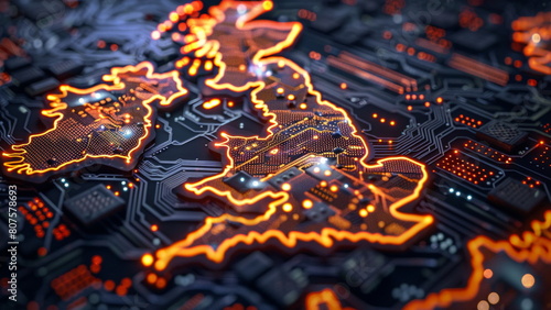 Glowing circuits in United Kingdom map shape 