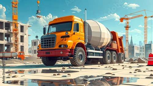 A concrete truck is pouring concrete at a construction site with a construction engineer at the controls.