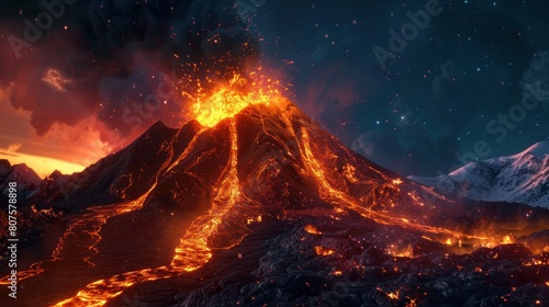 breathtaking panoramic view of a massive volcano spewing molten lava down its slopes, illuminating the night sky with an incandescent glow. 