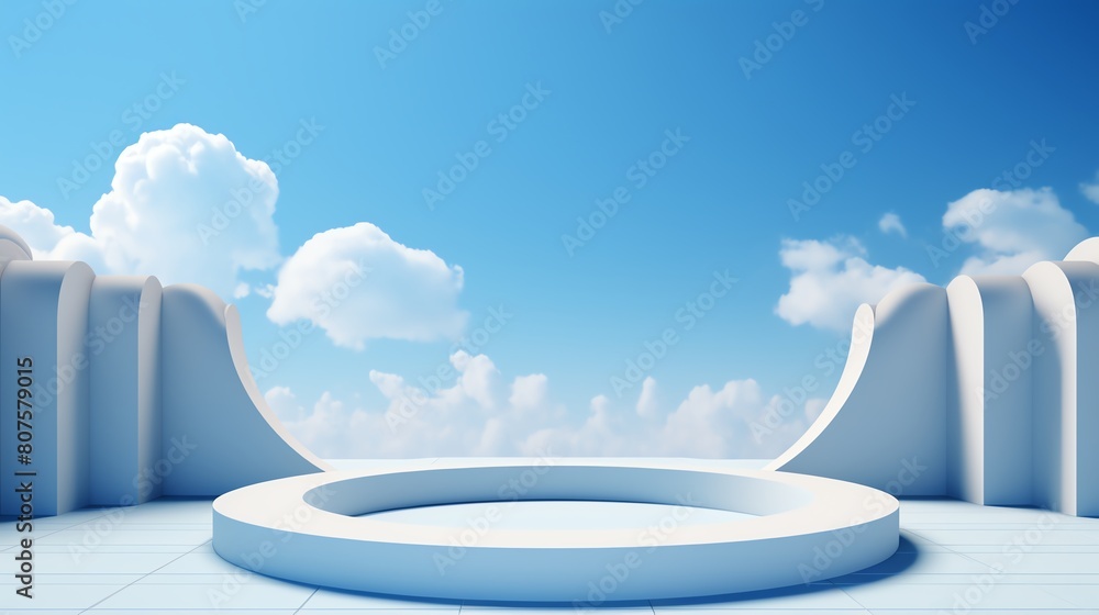 Blue sky and clouds with a white podium in the foreground. Blue sky and clouds with a white podium in the foreground.