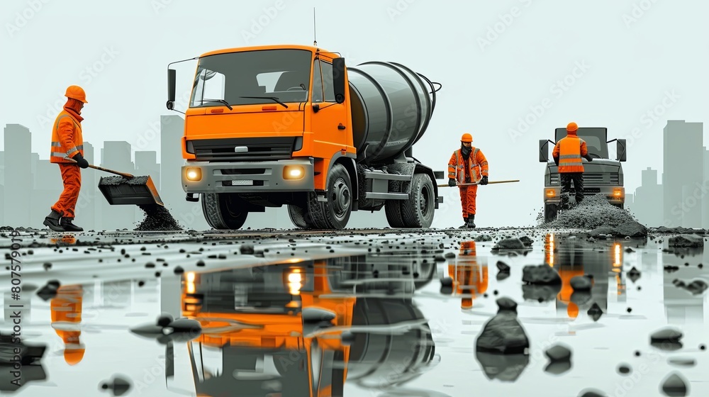 A concrete truck is pouring concrete at a construction site with a construction engineer at the controls.