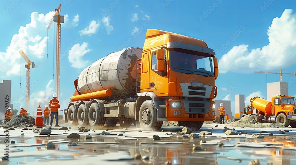 © Pattarin - A concrete truck is pouring concrete at a construction site with a construction engineer at the controls.