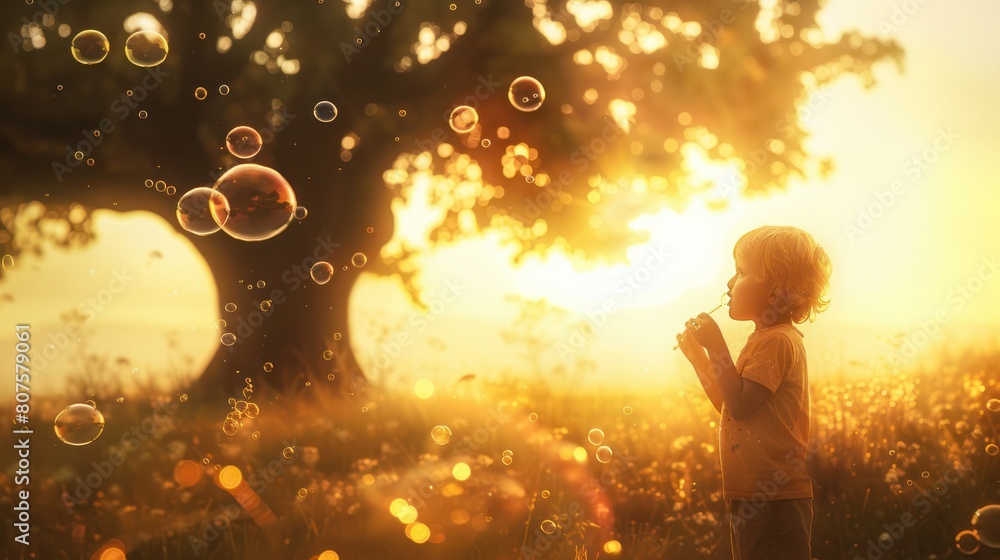 child blowing bubbles in the breeze, the bubbles floating towards a towering oak tree in the background, child blowing bubbles in the breeze, the bubbles floating towards a towering oak tree in the background,