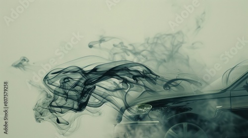 creative composition of car exhaust smoke morphing into abstract shapes or patterns, showcasing the artistic potential of this environmental issue.  photo