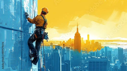 A construction engineer rappels from a tall building using a rope.