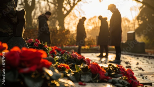 An image of a war memorial or monument, with people laying wreaths or flowers in remembrance of those who lost their lives in conflicts. photo
