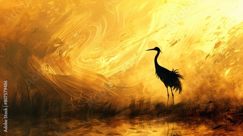 A painting of a heron standing in a field at sunset.