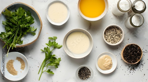Overhead view of ingredients for tahini dressing photo
