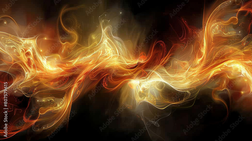 Abstract vibrant visualization of sound waves intertwining, interwoven with musical notes, with glowing, flowing colors in a digital art style, merging technology and audio harmony .