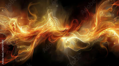Abstract vibrant visualization of sound waves intertwining, interwoven with musical notes, with glowing, flowing colors in a digital art style, merging technology and audio harmony .