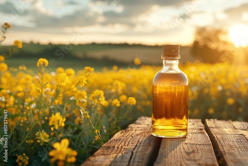 A wooden table with an array of rapeseed blossoms and a glass bottle comprising rapeseed oil is set over a setting  of yellow fields blooming lovely  and space  Generative AI.