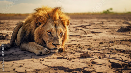 Animals suffer from lack of water  a lion on the cracked ground from the heat.