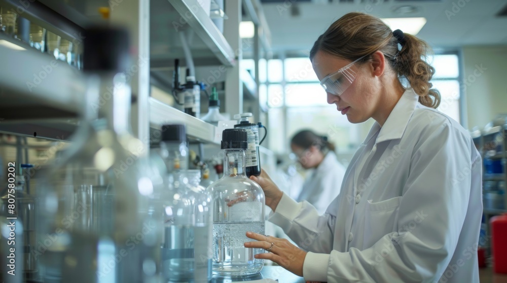 Laboratory Testing of Treated Water, Technicians in lab coats testing water quality in a modern laboratory, emphasizing precision and the high standards of water quality assurance. Laboratory Testing of Treated Water, Technicians in lab coats testing water quality in a modern laboratory, emphasizing precision and the high standards of water quality assurance.
