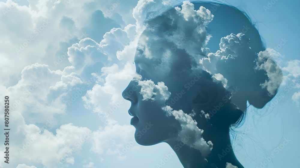Multiple exposure clouds Woman mental health and weather dependent concept