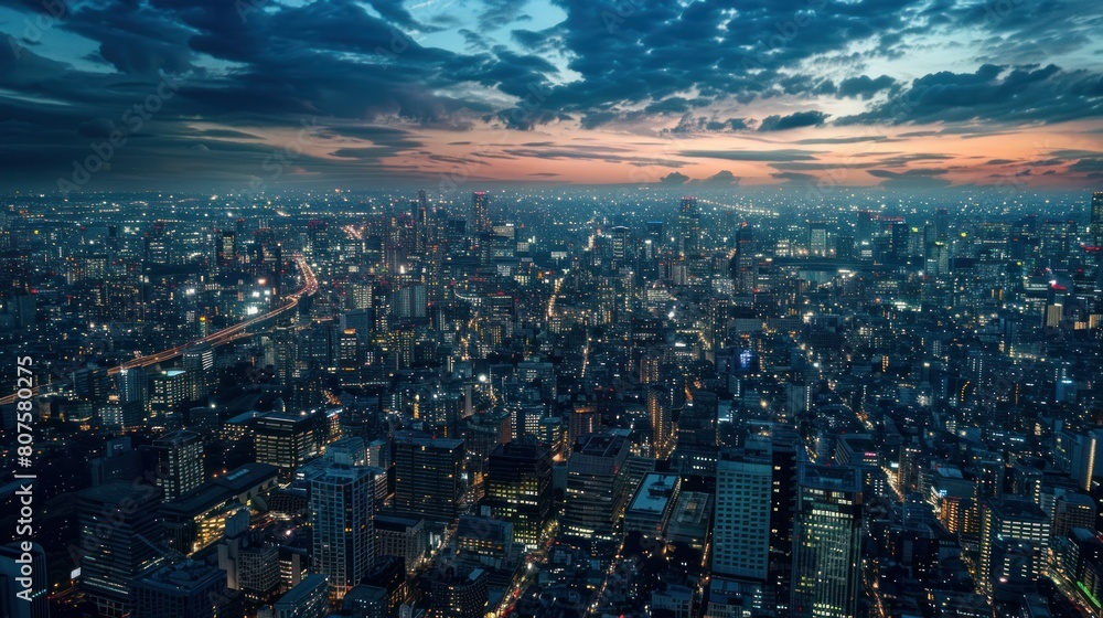 Fototapeta premium mesmerizing aerial panorama of a sprawling cityscape at night, with twinkling lights illuminating the urban landscape like a constellation of stars 