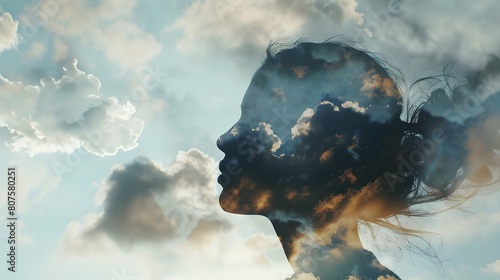 Multiple exposure clouds Woman mental health and weather dependent concept photo