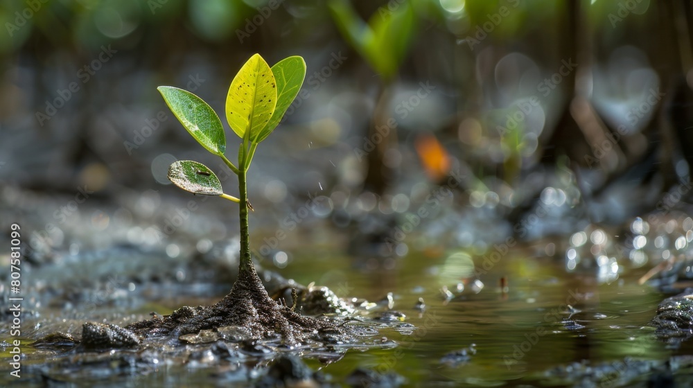 Mangrella Mangrove Seeding, Close-up image of a young mangrove seedling, known as ...
