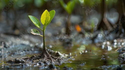 Mangrove Seeding, Close-up image of a young mangrove seedling, known as a propagule, still attached to the parent tree before it drops into the water.