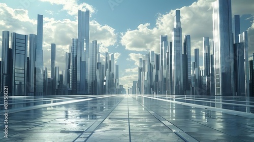 Design a futuristic cityscape panoramic view with sleek skyscrapers amidst an empty