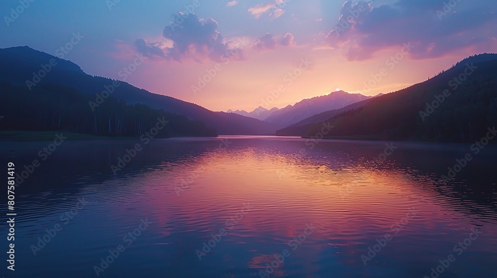 calm surface of a mountain lake reflects the vibrant colors of the sunrise sky, with the surrounding peaks bathed in hues of pink and gold
