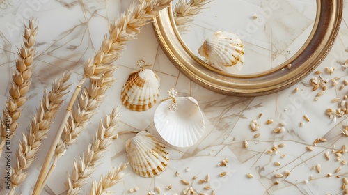 Minimal fashion composition with golden earrings in seashell on marble table with mirror and wheat stalks. Flat lay, top view bijouterie / jewelry concept on mosaic tile background photo