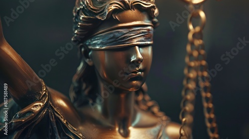Close up view of the statue of Lady Justice, the symbolic goddess of justice carrying scales with her eyes closed.
