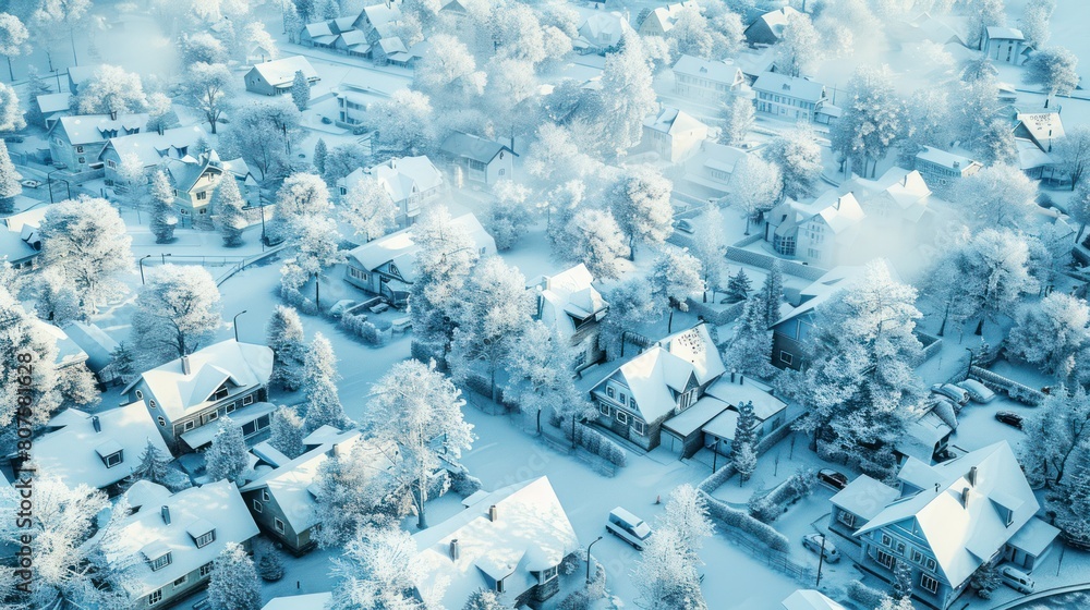 Obraz premium serene aerial perspective of a city blanketed in snow, creating a magical winter wonderland of snow-capped rooftops, frosted trees, and a tranquil atmosphere. 
