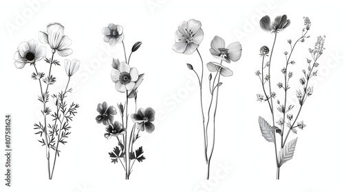 Millefleurs. Second set. Vintage vector botanical illustration. Black and white photo