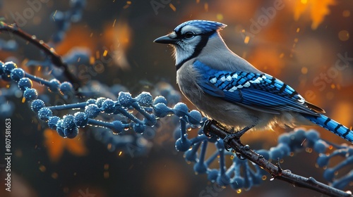 A blue jay is perched on a branch. The branch also has a blue double helix on it.

 photo