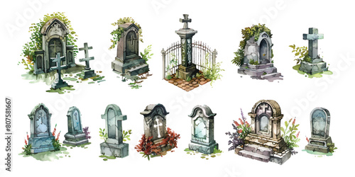 Set of various watercolor tombstones and graves with overgrown foliage, reflecting a serene yet somber atmosphere in a cemetery illustration