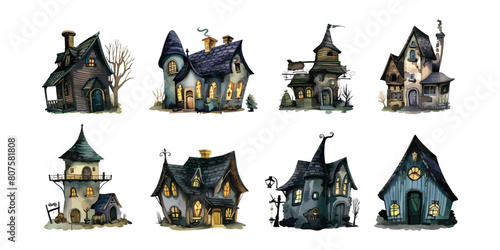 Collection set of watercolor fairytale witch houses with unique quirky architecture and magical elements illustration
