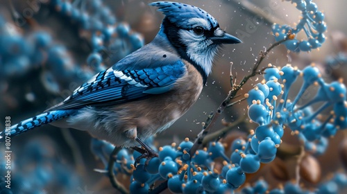 A blue jay is perched on a branch. The branch also has a blue double helix on it.