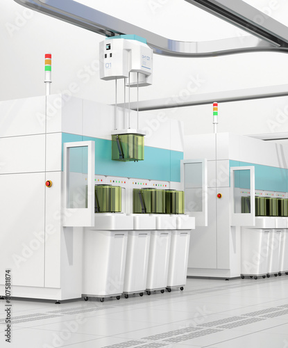 Semiconduct Wafer Cleaning, Etching and OHT system in Fab cleanroom. Generic design. 3D rendering image.
