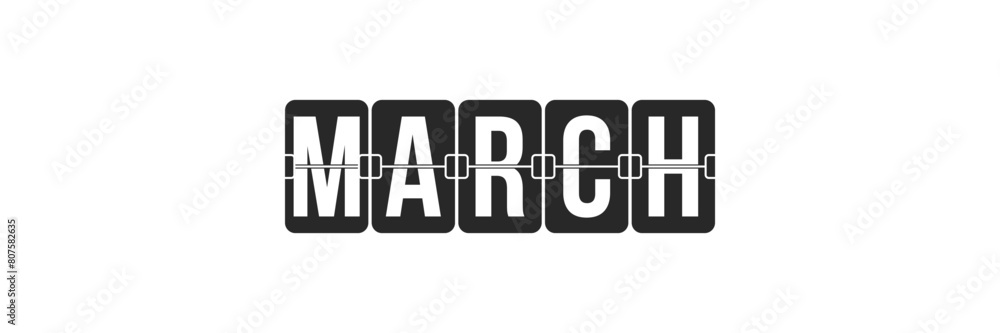 March month name flip board. Retro style analog clock plates. Divided scoreboard cards. Word by letters. March month name flip board. Retro style analog clock plates. Divided scoreboard cards. Word by letters.