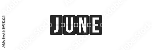 June month name flip board. Retro style analog clock plates. Divided scoreboard cards. Word by letters.