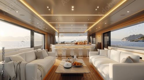 A small sized modern yacht dining room with a large table and white chairs, white sectional and coffee table to lounge, and open bar station with liquor, interior design. Generative AI. © visoot